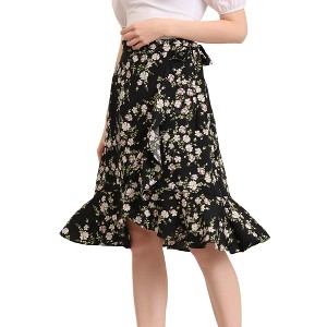 Allegra K Women's Floral Printed Self Tie Knot High-Low Ruffle Hem Wrap Skirt - 1 of 4