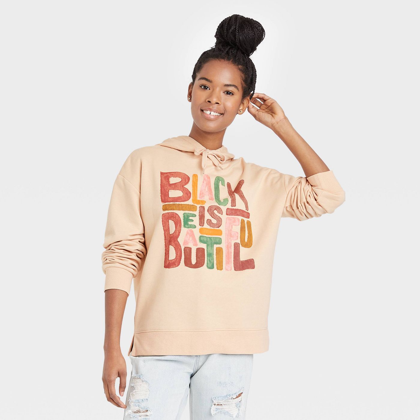 Black History Month Women's 'Black Is Beautiful' Hooded Sweatshirt - Beige - image 1 of 6