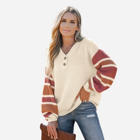 Women's V-neck Buttoned Striped Long Sleeve Sweater - Cupshe-m-apricot ...