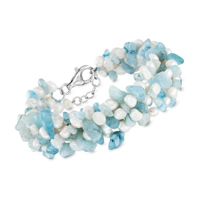 Ross-Simons Aquamarine Bead and 5-6mm Cultured Pearl Bracelet With Sterling Silver Size 8