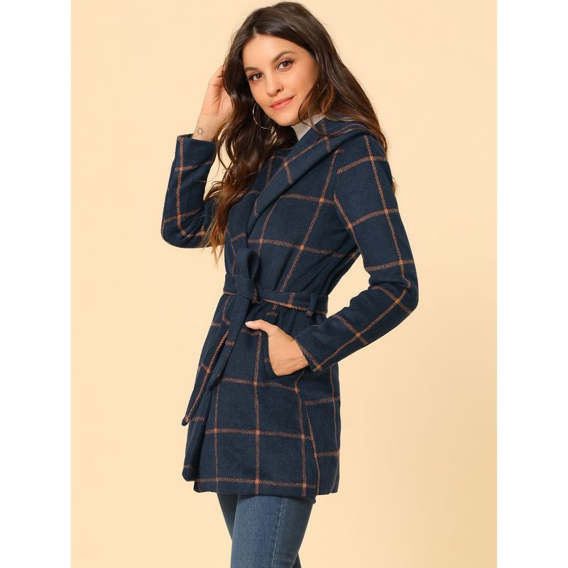 Allegra K Women's Shawl Collar Check Belted Wrap Plaid Coat with Pockets, 4 of 7