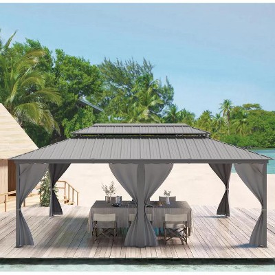 12'x20' hardtop gazebo for all weather with double metal roof, aluminum frame, net, and curtain; ideal for patio, deck, backyard, and garden. Gray.