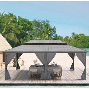 12'x20' hardtop gazebo for all weather with double metal roof, aluminum frame, net, and curtain; ideal for patio, deck, backyard, and garden. Gray. - 1 of 4