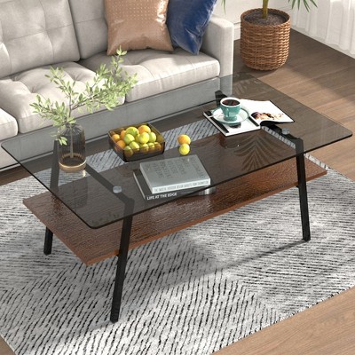 Rectangle Coffee Table, Tempered Glass Tabletop, with Metal Legs, Modern Table for Living Room
