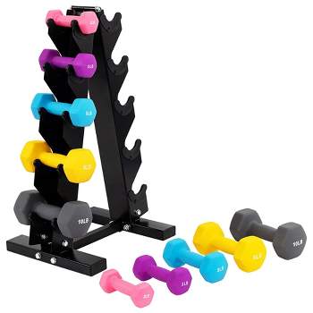 BalanceFrom Fitness 5 Pair Neoprene Coated 2, 3, 5, 8, and 10 Pound Dumbbell Weight Set for Various Strength Training Workouts with Storage Rack Stand