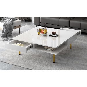 Wooakway Exquisite High Gloss Coffee Table with 4 Golden Legs and 2 Small Drawers - 1 of 4