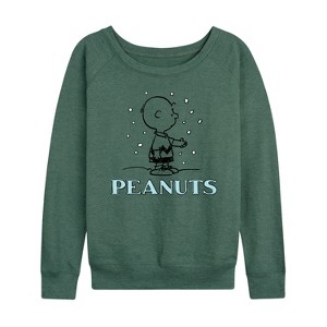 Women's - Peanuts - Charlie Snow Lightweight French Terry Wide Neck Long Sleeve Shirt - 1 of 4