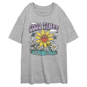 Junior's Lost Gods Good Times Smiley Flowers Oversized T-Shirt - 1 of 2