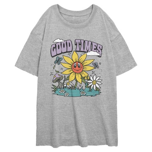 Junior's Lost Gods Good Times Smiley Flowers Oversized T-Shirt - image 1 of 2