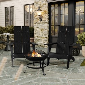 Flash Furniture Set of 2 Black Dual Slat Poly Resin Adirondack Chairs-22" Round Fire Pit - 1 of 4