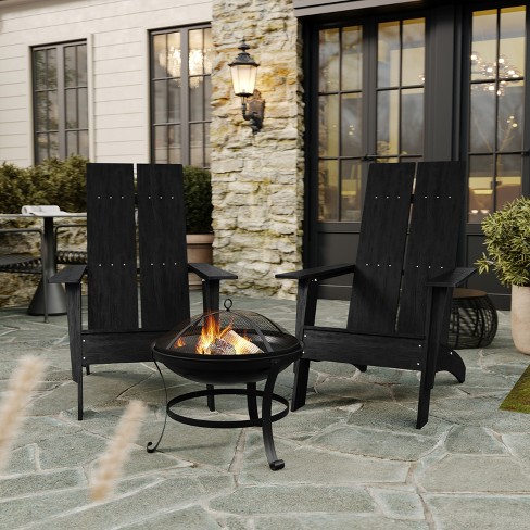 Flash Furniture Set of 2 Black Dual Slat Poly Resin Adirondack Chairs-22" Round Fire Pit - image 1 of 4