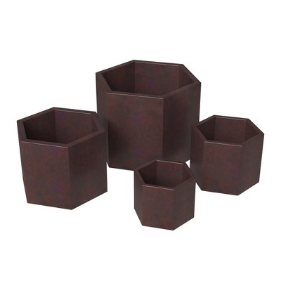 LeisureMod Thicket Modern 4-Piece Fiberstone Planter Hexagon Design Weather Resistant Plant Pot with Drainage Holes for Indoor and Outdoor, Brown