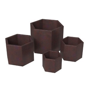 LeisureMod Thicket Modern 4-Piece Fiberstone Planter Hexagon Design Weather Resistant Plant Pot with Drainage Holes for Indoor and Outdoor, Brown - 1 of 4