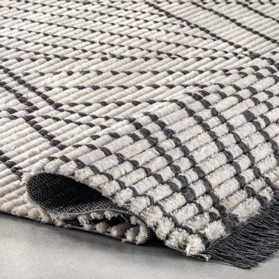 Luxurious Beige Synthetic 6'7" x 9' Shag Area Rug with Modern Diamond Fringe