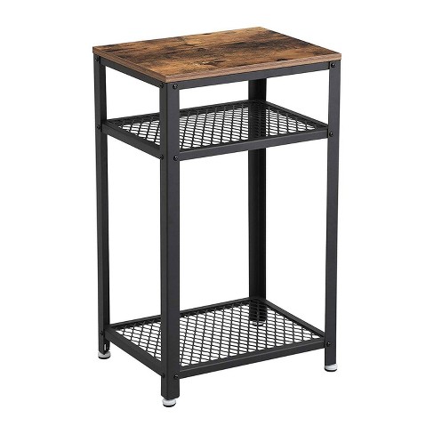 Side Table End Console Table 2 Tier Mesh Shelves Industrial Wood and Metal 