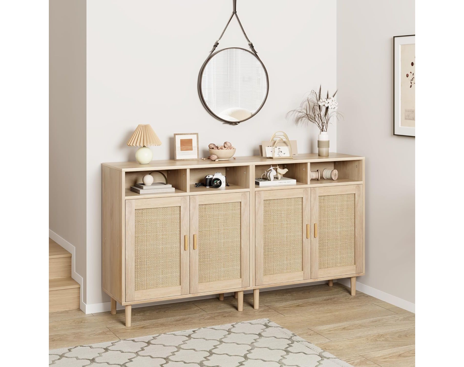 Modern Rattan Sideboard - Two Door Storage Cabinet with Shelves, 36 Inches Tall, Natural