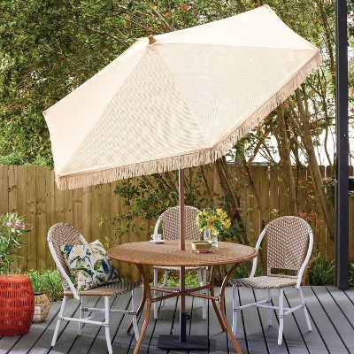 7.5&#39;x7.7&#39; Hexagon Macrame Outdoor Patio Market Umbrella Beige with Faux Wood Pole - Threshold&#8482;_5