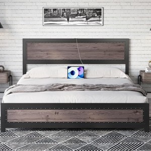 coucheta Bed Frame with Charging Station,Rivet Design and Industrial Style,No Box Spring Needed,Strong Slats Support,Noise Free,Easy Assembly - 1 of 4