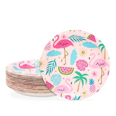 Tropical Pink Flamingo and Palm Paper Plates, 7 Inches