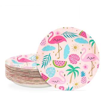 Sparkle and Bash 48 Pack Tropical Pink Flamingo Paper Plates for Luau Birthday Party Supplies Decorations, 7 in