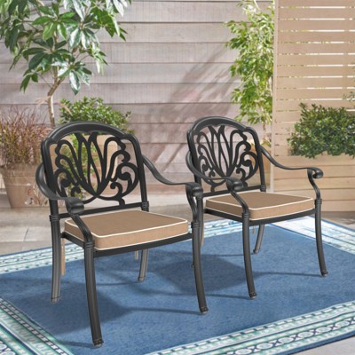 SKRAN Cast Aluminum Patio Dining Chair Set with Black Frame and Brown Cushions -  Outdoor Garden Furniture Set