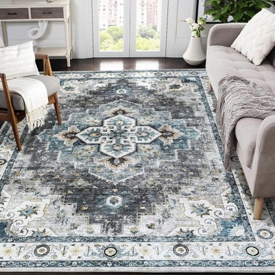 Washable Rug Area Rug Geometric Checkered - Neutral Farmhouse Carpet Stain Resistant for Living Room & Office