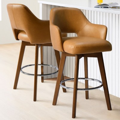 26.5" Edward Armrest Faux Leather Thick Seat 360° Swivel Barstool Combine with Rubberwood Legs and Silver Footrest(Set of 2)-Maison Boucle