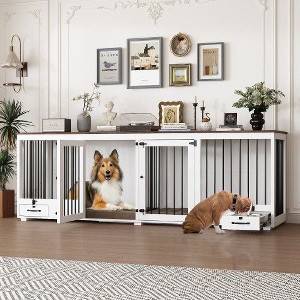 Famapy 86.6" Dog Crate Furniture with Dog Bowl with Room Divider and 2 Large Drawers - 1 of 4