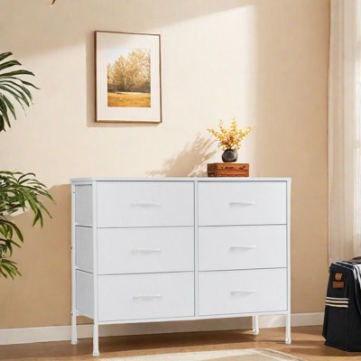 GlasFlength Decorative Storage Cabinets Tall Dresser Fabric Storage Tower ,6 Drawers Wood Top for Kid Room, Nursery, White 38.2"*13.8"*30"