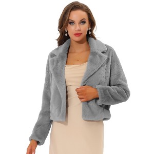 Allegra K Women's Cropped Notch Lapel Open Front Faux Fur Fluffy Coat - 1 of 4