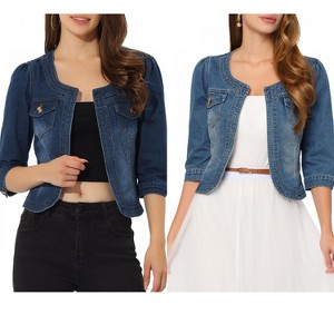 INSPIRE CHIC Women's Collarless Pockets 3/4 Sleeve Crop Denim Jackets 2 Pieces - 1 of 4