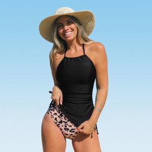 Women's High Neck Halter Adjustable Drawstrings Tankini Swimsuit Set for Beach Getaways - Cupshe - 1 of 4