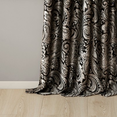 Black Faux Silk Jacquard Light-Filtering Curtain Panel Pair