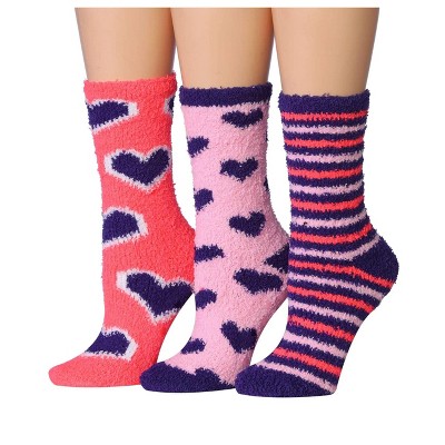 Tipi Toe Women's 3-Pairs Cozy Microfiber Anti-Skid Fuzzy Heart Striped Patterned Soft Crew Socks For Women