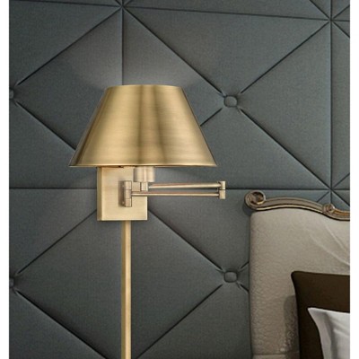 Antique Brass Swing Arm Wall Lamp with Satin Shade