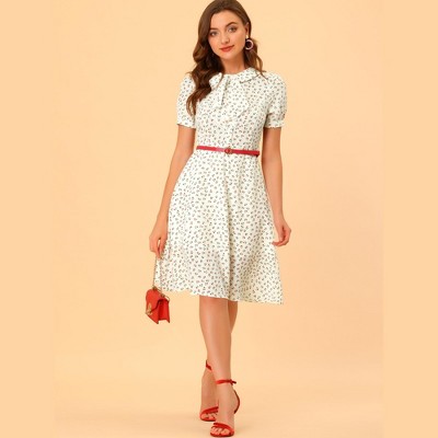 Женские платья INSPIRE CHIC Women's Peter Pan Collar Tie Neck Short Sleeve A-Line Elegant Belted Floral Dress Medium White — фото 3