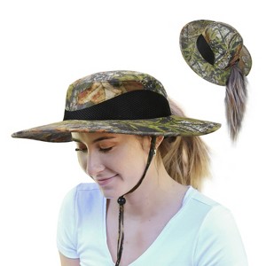 Tirrinia Women’s Wide Brim Sun Hat with Ponytail Hole, UPF 50+ Boonie Cap for Fishing Safari Hiking, Lightweight Breathable Adjustable Camo Hat - 1 of 4