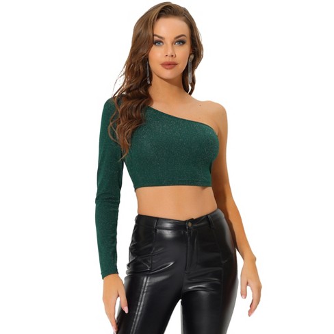 Allegra K Women's Glitter Metallic Slim Fitted One Shoulder T-shirt Dark  Green X-small : Target