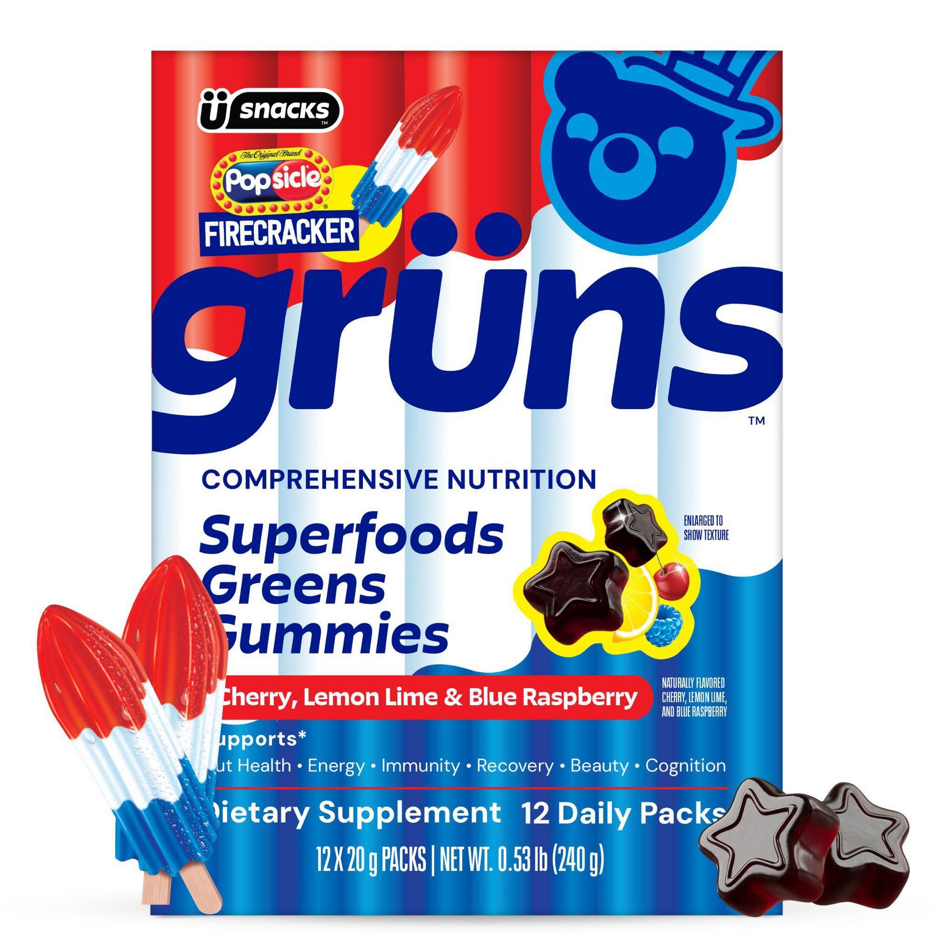 Grüns Limited Time Flavor Firecracker Low Sugar Adult Greens and Superfoods Gummies - 240g/12 Servings