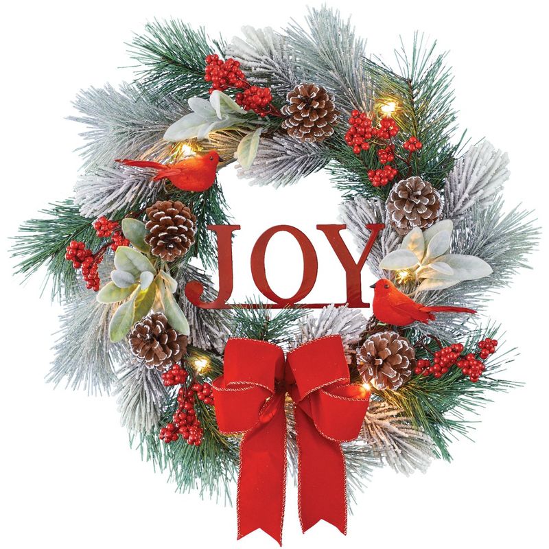 Collections Etc LED Lighted "Joy" Frosted Christmas Front Door Wreath, 1 of 3