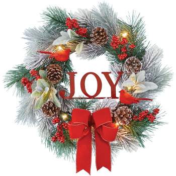 Collections Etc LED Lighted "Joy" Frosted Christmas Front Door Wreath