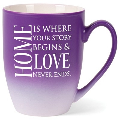 Elanze Designs Home Is Where Your Story Begins & Love Never Ends Two Toned Ombre Matte Purple and White 12 ounce Ceramic Stoneware Coffee Cup Mug