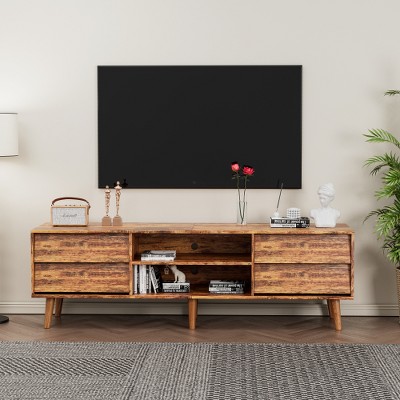 63 Inch TV Cabinet, Retro Style TV Sideboard Console Table With 4 Slope Design Drawers & 2 Open Storage Compartments, TV Cabinet Entertainment Center