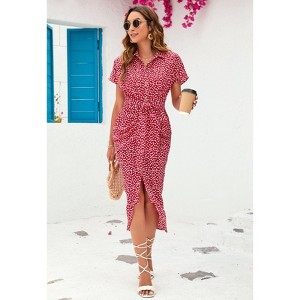 Coolmee Women's Boho Floral Dress V Neck Short Sleeve Ruched Bodycon Dress High Wsaist With Hem Beach Dress Tied - 1 of 4