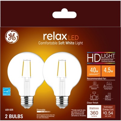 Ge 2pk 40w Relax G25 Led Globe Light Bulbs Soft White: Dimmable, Energy ...