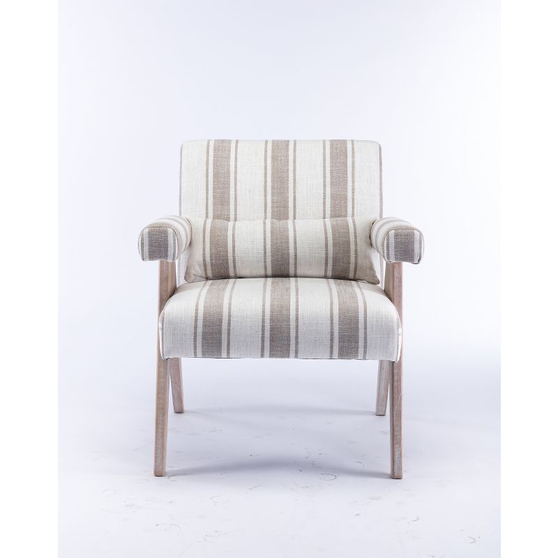 Megan 27.56" Wide Striped Upholstered Seat and Lumbar Pillow With Oak "V" Shape Solid Wood Legs Accent Chair With Arm Pads-The Pop Maison, 3 of 10