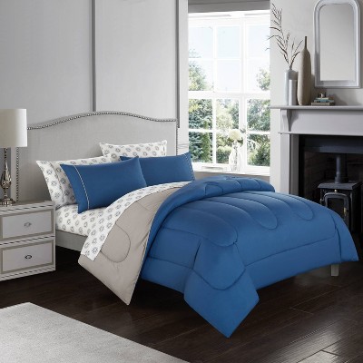 7pc King Roma Solid Reversible Bed in a Bag Comforter Set Blue - Casa Couture