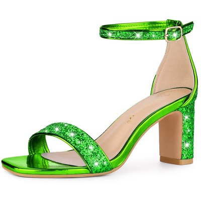 Allegra K Women's Glitter Square Toe Ankle Buckle Strap Chunky Heels Sandals