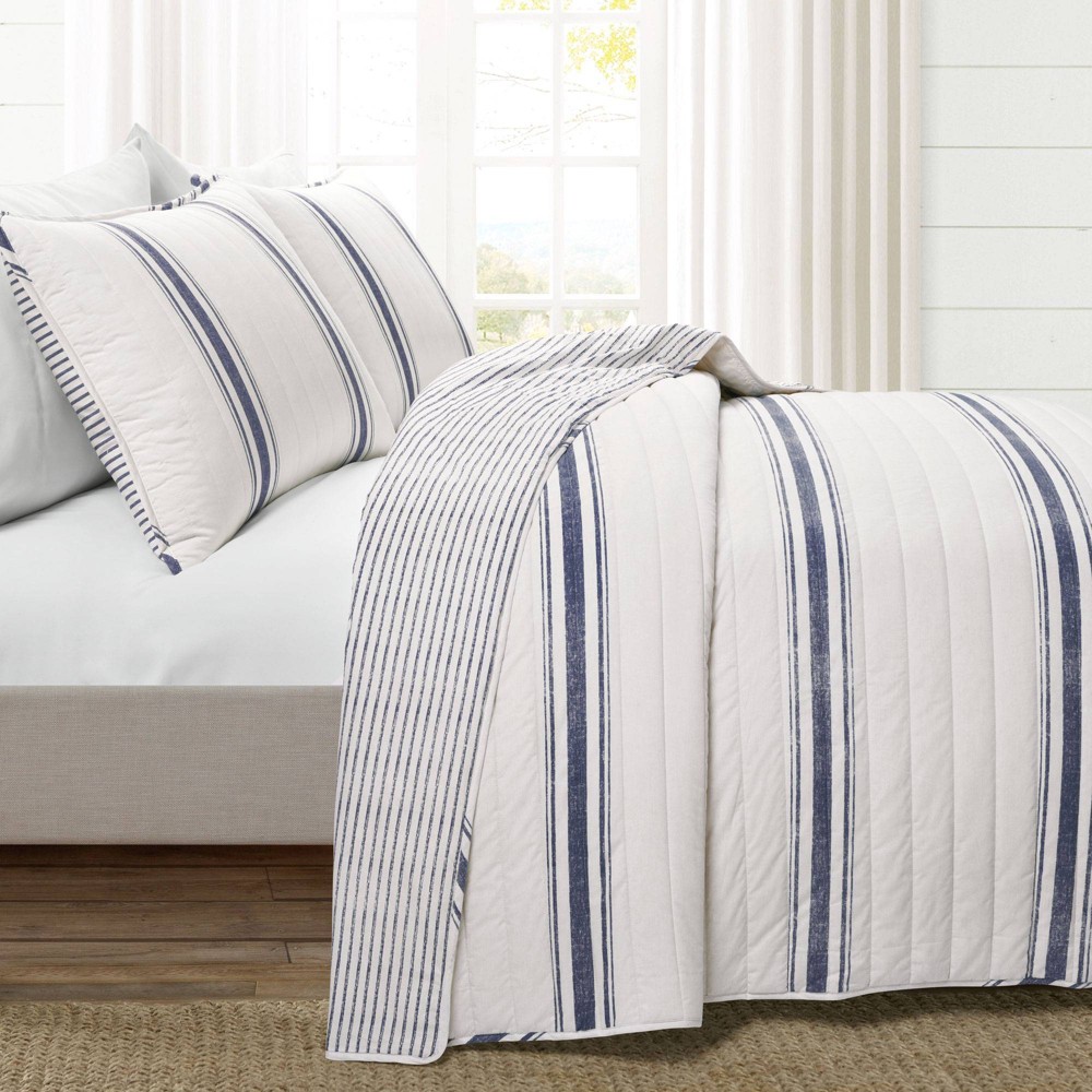 3pc King Farmhouse Stripe Quilt Set Navy - Lush Décor