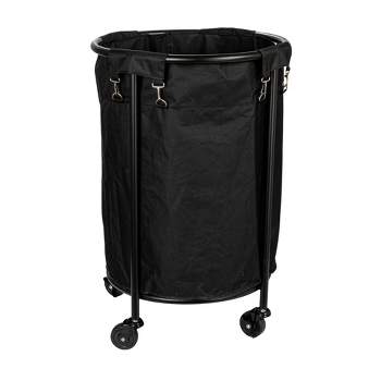 Household Essentials Round Laundry Hamper, Metal Frame with Wheels, Heavy Duty and Commercial-Grade, Black Polyester Bag